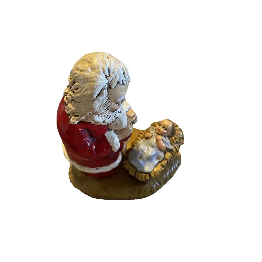 VTG 1984 Provincial Ceramic Mold Santa Claus Kneeling Over Baby Jesus Figurine